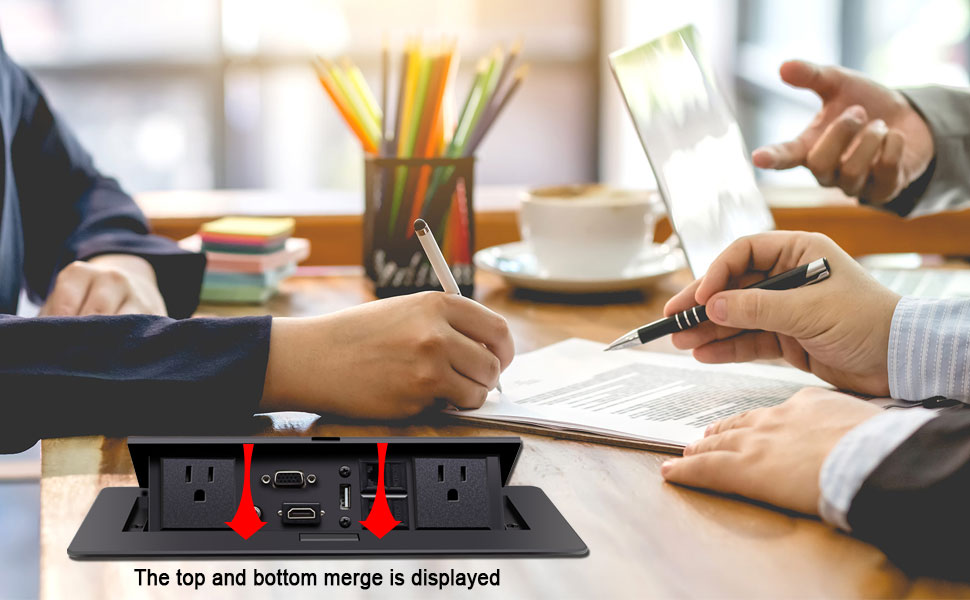 Pop-up socket cutout template positioned on wooden desk surface ready for precision routing