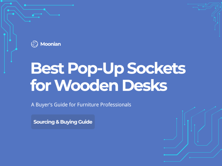 Pop-up socket flush-mounted in a premium wooden desk showing brushed aluminum finish and clean integration