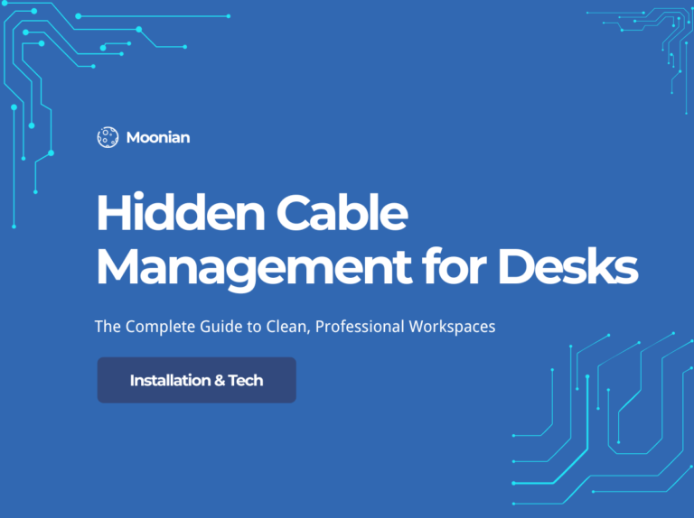 Before and after comparison of desk cable management showing cluttered cables versus clean desk with hidden pop-up socket