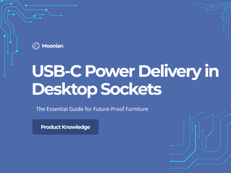 USB-C Power Delivery port on a pop-up desktop socket showing 100W PD specification label for office furniture