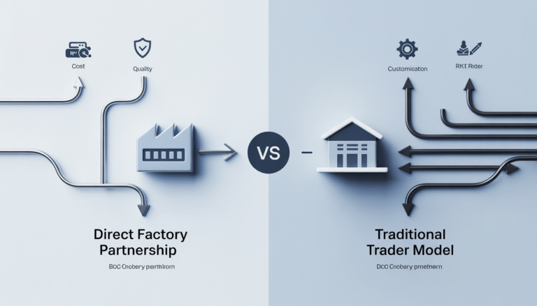 Infographic comparing the Direct Factory Partnership model vs. the Traditional Trader Model for sourcing furniture hardware, analyzing total cost of ownership.
