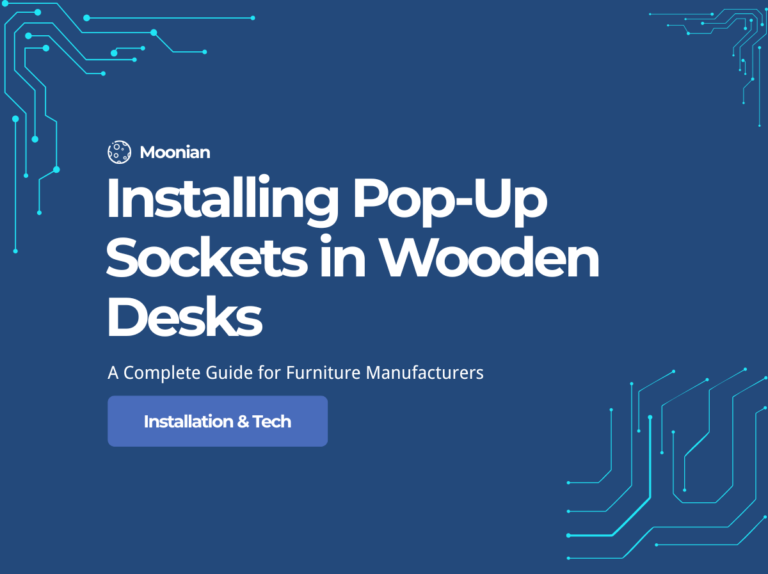 Pop-up socket installation in solid wooden desk showing flush mount cutout and mounting bracket