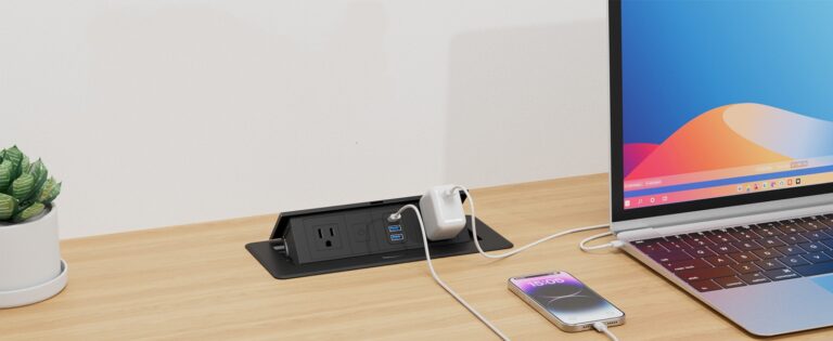 Pop-up desk socket integrated into minimalistic office furniture for European manufacturers