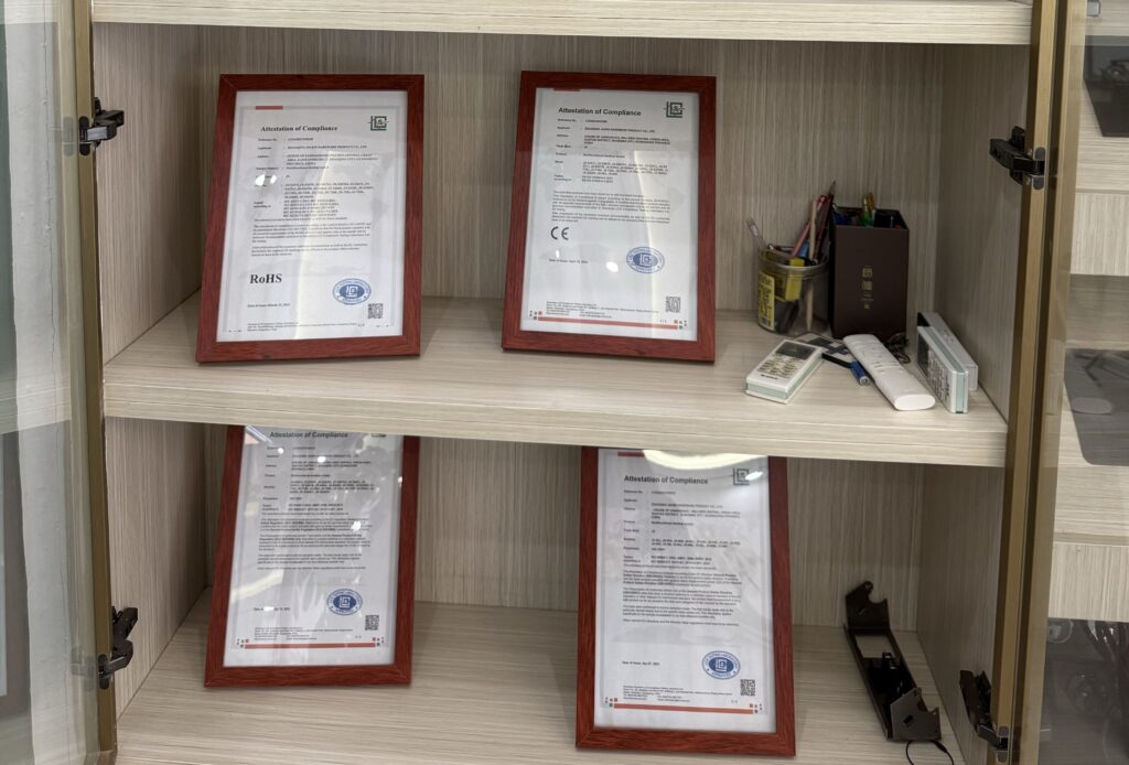 Moonian CE and RoHS certifications for pop-up desktop sockets and furniture hardware