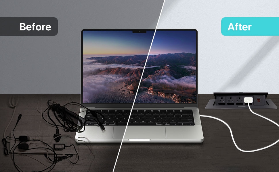 Before and after comparison of desk cable management – traditional power strip clutter vs clean desk with hidden pop-up socket