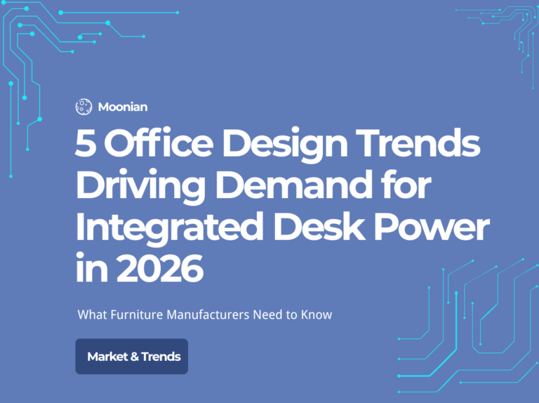 Modern office workspace showing integrated pop-up desktop socket in minimalist desk design reflecting 2026 office trends