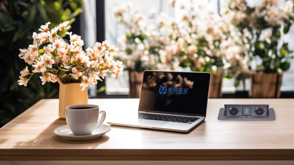 Premium pop-up desk socket installed in modern wooden desk with UK power outlets and USB ports visible, close-up product photography