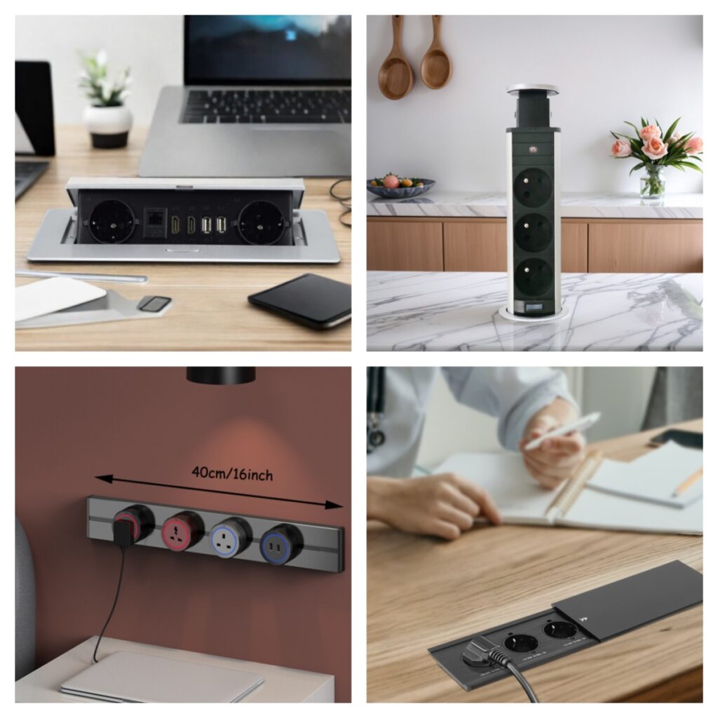Infographic comparing four types of desk power solutions: push pop-up, pull pop-up, sliding cover, and power track socket systems